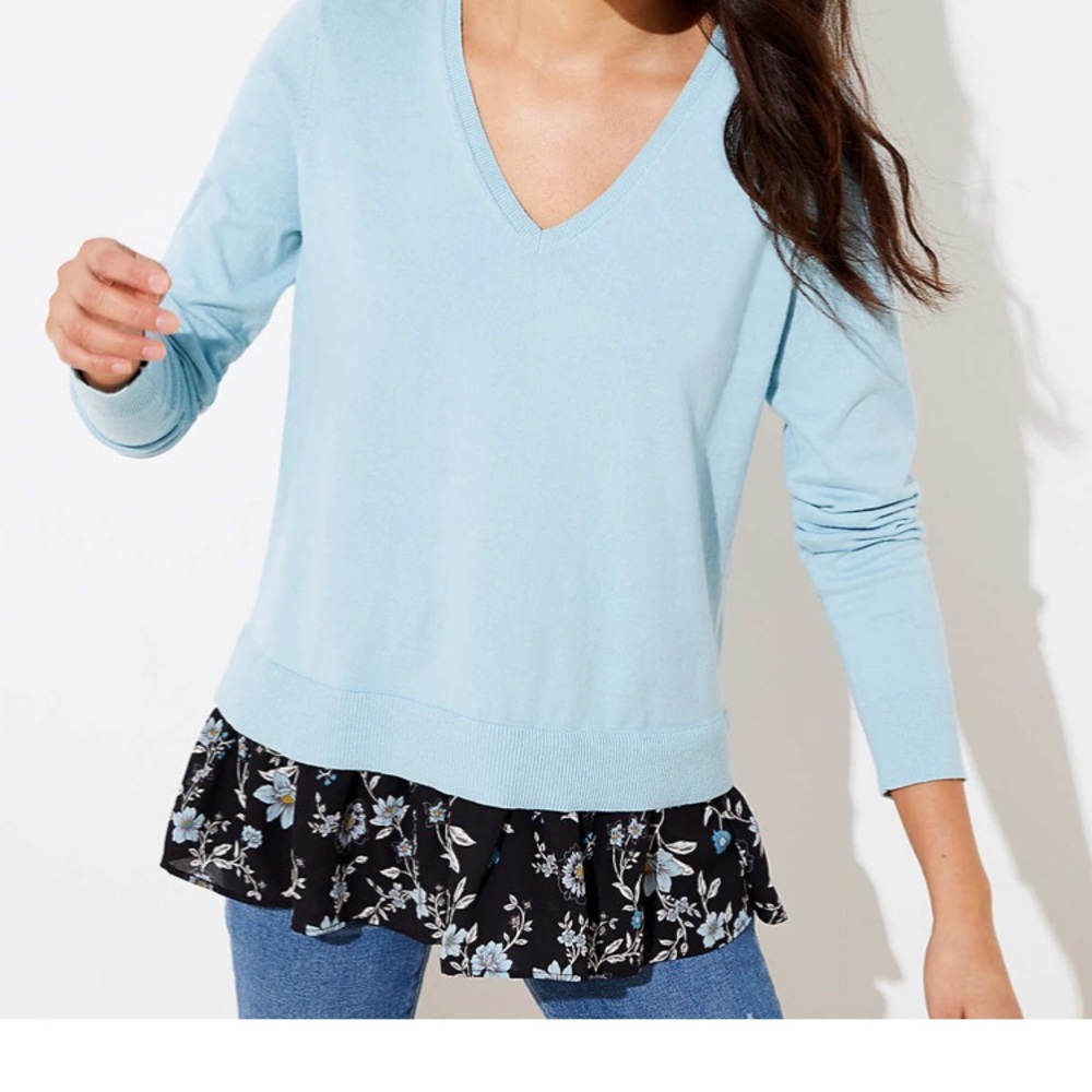 Loft Floral V-Neck Mixed Media Sweater NWT